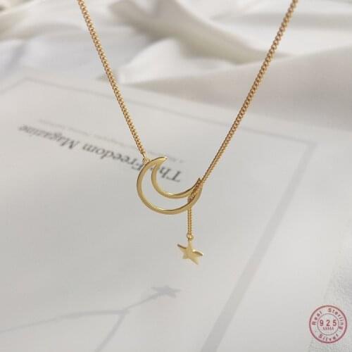 925 Sterling Silver Simple Star Moon Clavicle Chain Necklace Women Adjustable Fashion Trend Jewelry Accessories Girlfriend Gift