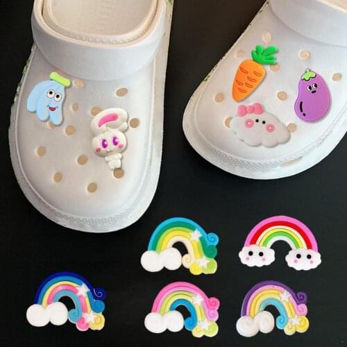 1Pcs Cute 3D Cartoon Flower Rainbow Fruits PVC Shoe For Croc GEM Decorations Hole Slipper Buckle Shoes Accessories Girls