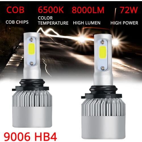 2Pcs S2 9006 HB4 Cob Headlight WaterProof Auto Bright Bulb Single Beam 72W 8000LM 6500K Automobile Headlamp White DC 12V 24V