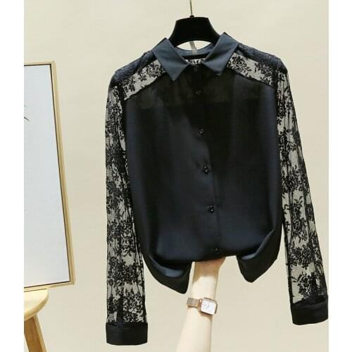 Blouse Women Blusas Mujer De Moda 2021 Hollow Lace Long Sleeve Chiffon Blouse Shirt Turn Down Collar Blouse Women Tops Blusa E60