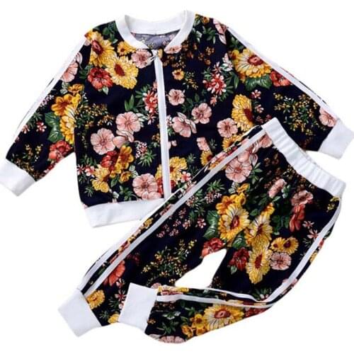 Baby Fall Coat Jogger Pants Suit Flower Printed Elastic Waist Round Neck Long Sleeve Top, Striped Girl Trousers