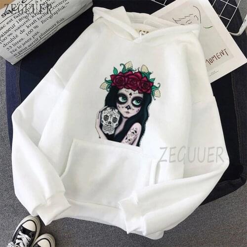 Flower Skull Girl Hoodie Lady Rose Tattoo Streetwear Punk Sweatshirt White Pink Casual Hoodies Women Mexico Day of Dead Sudadera
