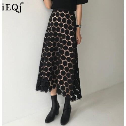 IEQJ 2020 Spring Summer New Pattern High Waist Solid Patchwork Lace Dot Print Mesh Long Loose High Street Skirt Women AE40700L
