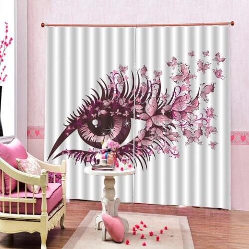 Customized Butterfly Curtain Female Eye with Butterflies Eyelashes Mascara Stare Party Makeup Window Drapes Decor Set with Hooks