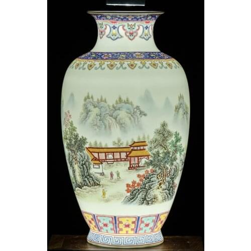 Jingdezhen Ceramic Pastel Landscape Vase Big Chinese Style Retro Home Living Room Decoration Thin Bodied Porcelain Vase