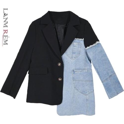 LANMREM Autumn 2021 loose suit stitching denim coat irregular single breasted slim jacket female fashion tido 2A04505