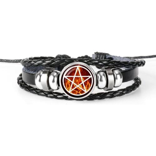 Best Selling Pentagram Leather Bracelet Fashion Pentagram Punk Jewelry Glass Cabochon Dome Pendant Bracelet Men Charms Gifts