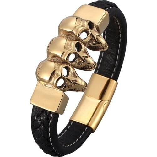 Fashion Charm Stainless Steel Magnetic Black Leather Braided Men Bracelet Jewelry Skull Rope Punk Wholesale Accessories SP0831
