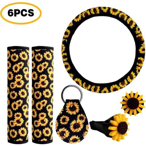 6 Pcs Car Universal Interior Cover Set Sunflower Print Steering Wheel Cover Car Seat Belt Shoulder Strap Keyring Vent Decoration