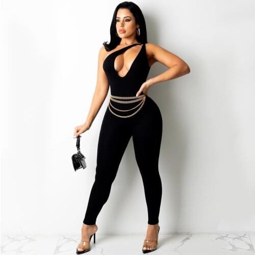 Solid Bodycon One Shoulder Hollow Out Women Long Jumpsuits Backless Workout Overalls Sportswear Fashion Basic One Piece Jumpsuit