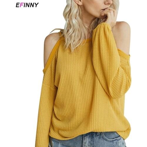 EFINNY Autumn Womens Knitted Top Round Neck Solid Color Loose T-shirt Women Cotton Long Sleeve Tee-Shirts Female Tops