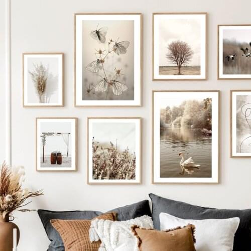 Autumn Nature Calm Lake Swan Reed Grass Tree Abstract Wall Art Print Canvas Painting Nordic Poster Decor Picture For Living Room