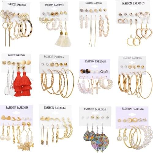 Retro Imitation Pearl Love Cross Leaf Earring Set Women 2021 Fashion Golden Metal Tassel Hanging Earrings Girl Jewelry Gift