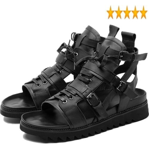 Italian New Cow Real 2021 Leather High Top Men Beach Sandals Thick Platform Lace Up Buckle Strap Hollow Out Punk Gladiator Shoes