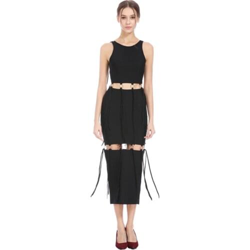 Chic Metal Ring Black Women Bandage Dress Cut Out Tassel Fringe Sleeveless Spaghetti Strap Midi Femme Vestido Sheath Dress