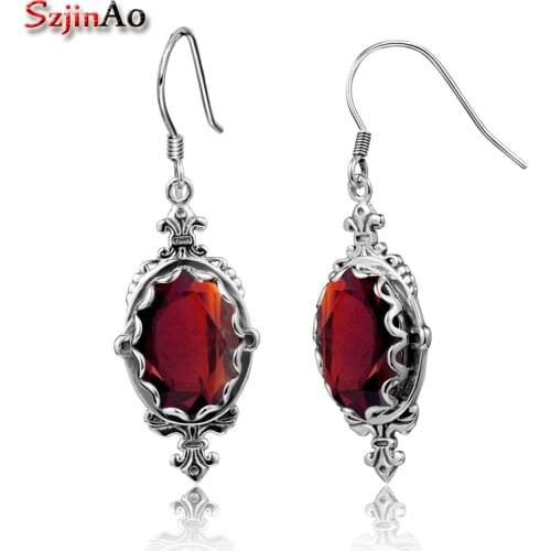 Szjinao Luxury Fashion Austrian Garnet Earring Real 925 Sterling Silver European Style Red Rhinestone Earrings Women Gift
