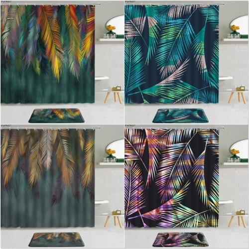 2Pcs Rainforest Plants Shower Curtain Creative Color Leaves Printed Bathroom Non-Slip Bath Mat Curtains Home Decor Set Washable