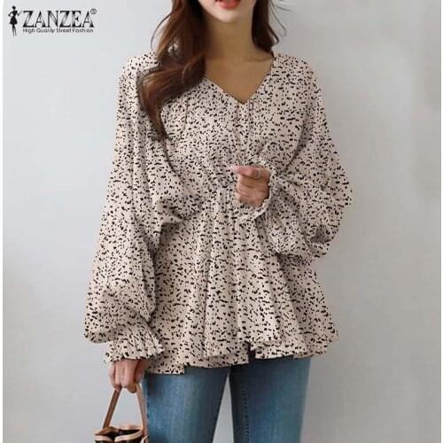 Spring Casual Smocking Holiday Tops Women Long Puff Sleeve Blouse ZANZEA V Neck Polka Dot Printed Shirt Oversized Tunic Chemise