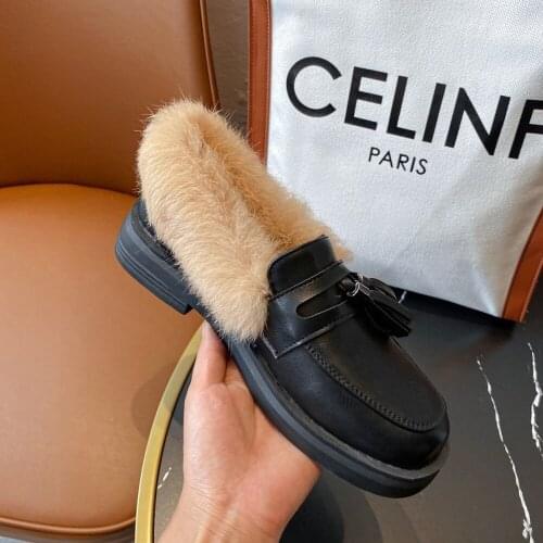 OLOMLB Womens Real Rabbit Fur Backless Tassels Loafers Mule Princetown Shoes Mules Warm Winter Plus Size 2Colors
