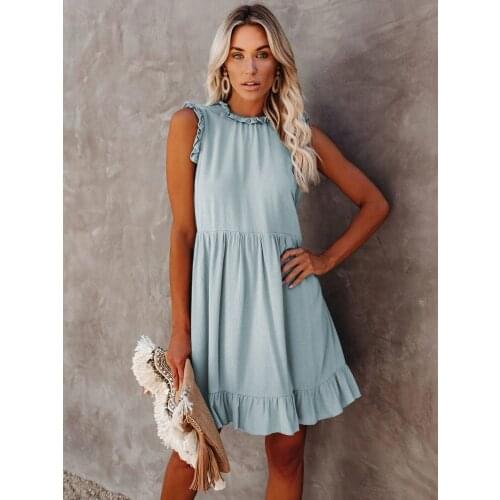 2021 Summer New Butterfly Sleeve Loose Dress Womens Round Neck Casual Ruffle A-line Skirt Women