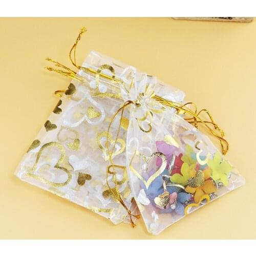 100pcs Wholesale White Drawable Gold Heart Organza Bags 11x16cm Wedding Gift Bags Jewelry Pouches Candy Bags