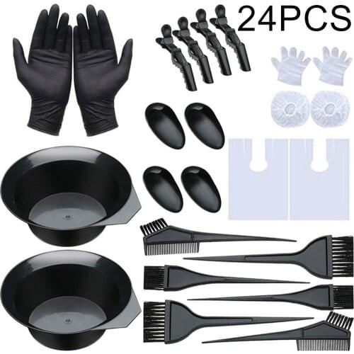 24Pcs Hair Coloring Dyeing Brushes Combs Gloves Ear Covers Clips Mixing Bowl Kit