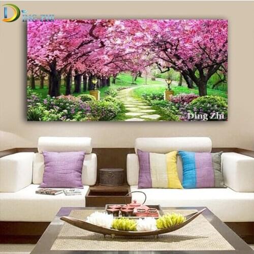 5D Diamond Painting Pink Flower Tree And Road Landscape Diamond Embroidery Full Square Round Rhinestones Picture Mosaic Handmade