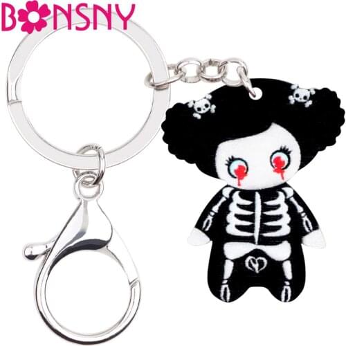 Bonsny Acrylic Halloween Horror Blood Skull Skeleton Girl Doll Key chains Key Rings Bag Car Wallet Purse Keychain For Women Girls Charms Decoration Gift
