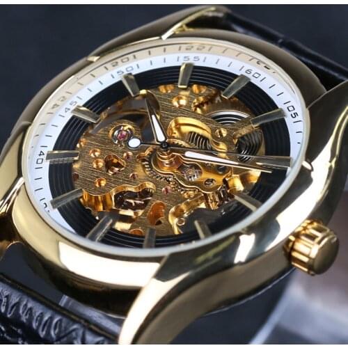 New Winner Hot mechanical Brand men hand wind Skeleton watches male Dress fashion clock style black gold blue color leather band