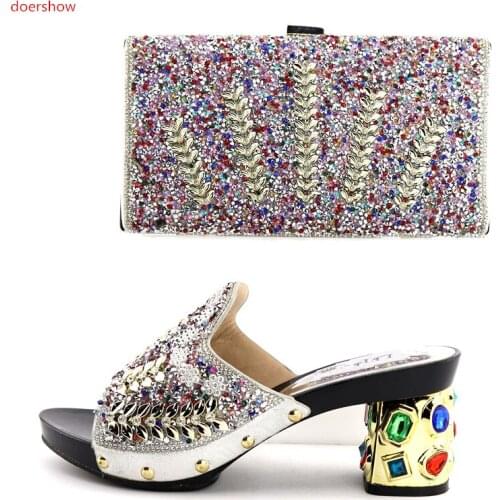 Doershow Amazing Italian design silver shoes and bag set with stones fashion sandals with purse for evening party QV1-12