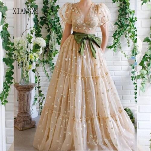Elegant Champagne Evening Dresses Long Tulle V-Neck Short Slleves Floor Length Evening Dress Party Dresses Robe de soiree
