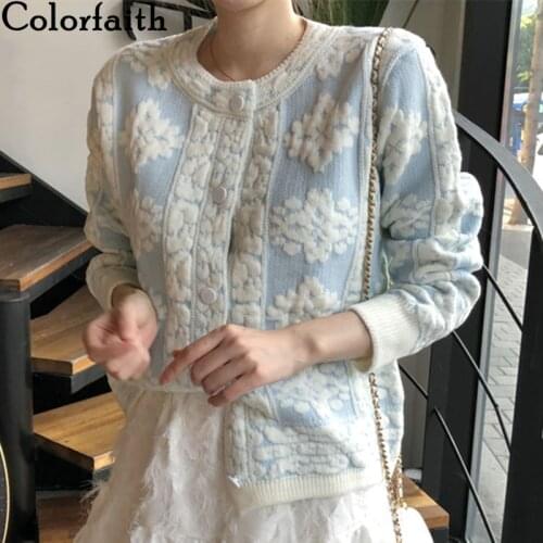 Colorfaith New 2021 Womens Autumn Winter Sweaters Fashionable Elegant Lady Cardigan Floral Vintage Short Knitwear Tops SWC907