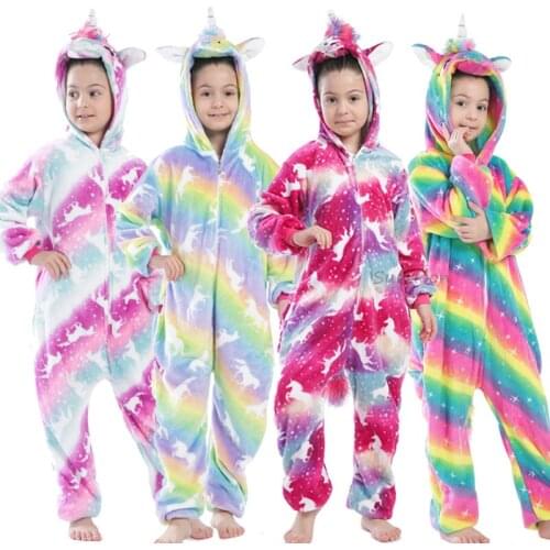 Kigurumi Unicorn Jumpsuit Kids Unicornio Pajamas Children Winter Homewear Boys hooded Flannel Onesies Girl Panda Overall