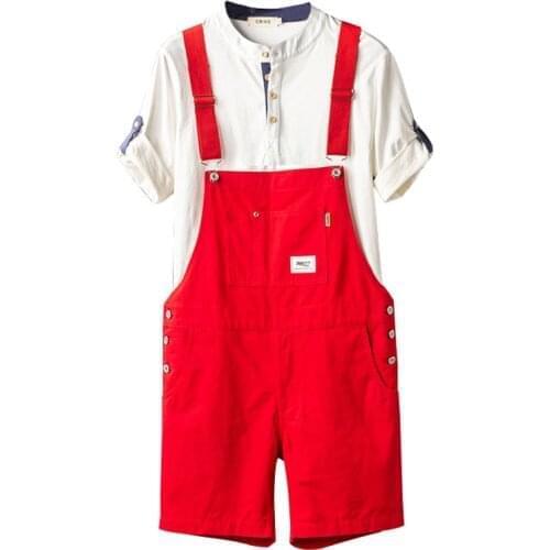 Summer Men Bib Shorts Overalls Jumpsuits Cotton Straight Loose Red Orange Yellow Khaki Hip Hop Male Solid Casual Pants Clothing