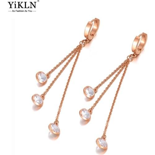YiKLN Trendy Rose Gold Stainless Steel Long Tassel Drop Earrings For Women Bohemia CZ Crystal Dangle Earrings Jewelry YE20074