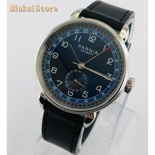 Parnis 2019 new top mens automatic mechanical watch 42mm silver case blue dial GMT arab mark date window leather mens watches
