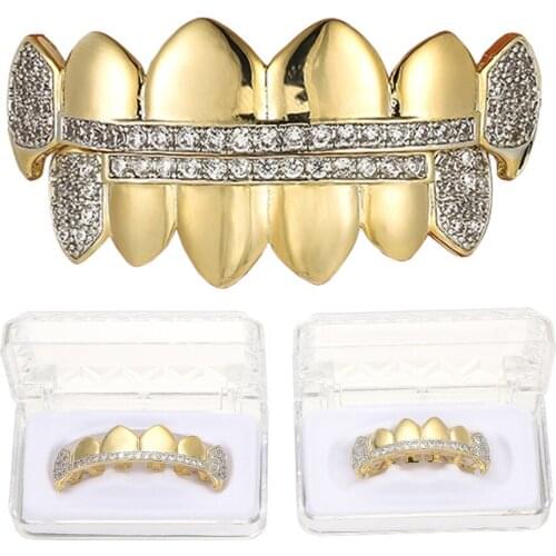 Hip Hop Top & Bottom Teeth Grillz Set for Men CZ Stone Bling Ice Out Rapper Jewelry vampire Fang Dental Mouth Caps Cosplay Party