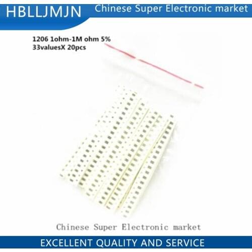 660PCS/LOT 1206 SMD Resistor Kit Assorted Kit 1ohm-1M ohm 5% 33valuesX 20pcs=660pcs Sample Kit