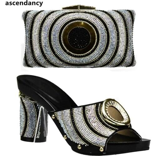 Latest African Matching Shoes and Bags Italian In Women Black Color Italian Ladies Shoes and Bag Set Decorated with Rhinestone