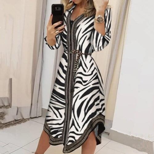 2021 New Summer Fashion Dress Printed Long Sleeve Shirt Dress Single Button Mid-length Dress Pattern Long Shirt Ladies Dress