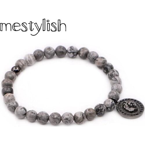 Mestylish New Fashion Grey Onyx Beads Lion Charm Pendant handmade Bracelet fit Man Women Best Friend Gift