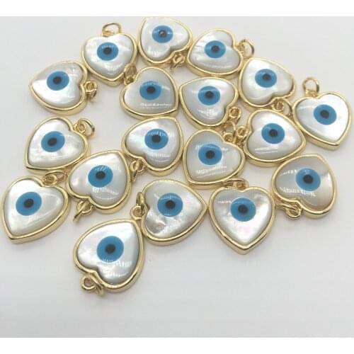 20pcs/lot 12mm Natural Mother of Pearl Heart Evil Eye pendant for DIY Jewelry