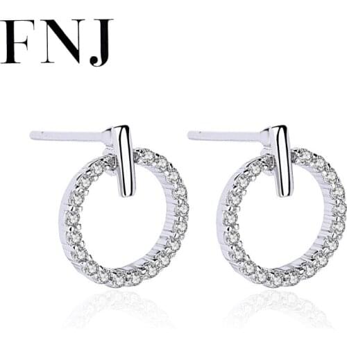 FNJ Round Earrings 925 Silver Jewelry Original Pure S925 Sterling Silver Stud Earring for Women White Zircon Rose Gold color