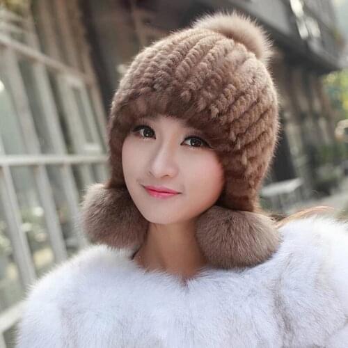 Women winter warm fur hat elegant lady real mink fur cap elastic Beanies knitted lining headwear high quality lose saleTU154-021