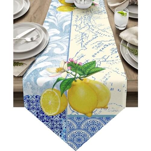 Blue And White Porcelain Texture Map Lemon Table Runner Luxury Dining Table Decor Tablecloth Table Runner for Wedding Party
