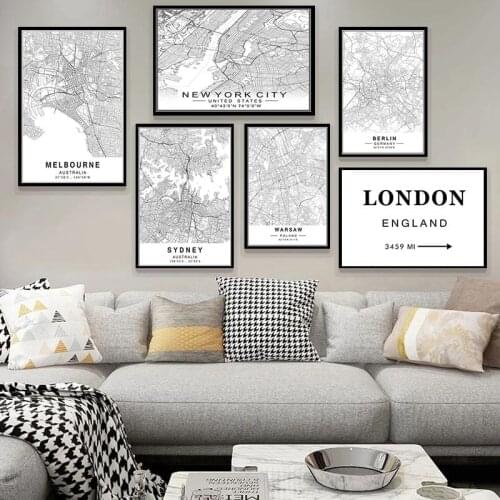 Modern New York Paris London City World Maps Custom Made Black White Canvas Paintings Poster Print Wall Art Picture Home Decor