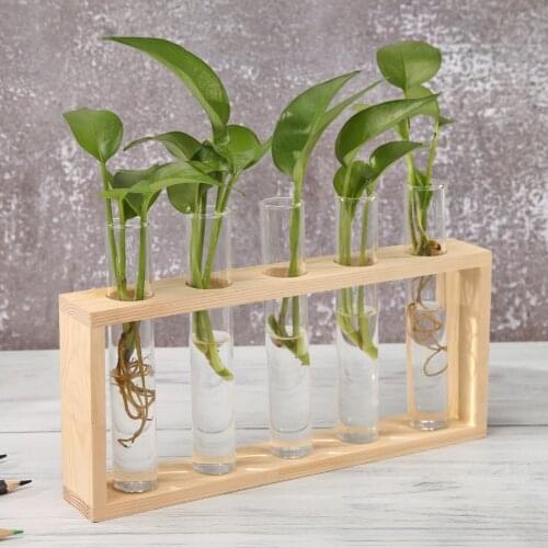 Glass and Wood Vase Planter Terrarium Table Desktop Hydroponics Plant Bonsai Flower Pot Hanging Pots with Wooden Tray Home Decor