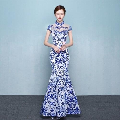 Blue White Porcelain Chinese Traditional Evening Gown Fashion Mermaid Long Modern Qipao Cheongsam Oriental Dresses Custom