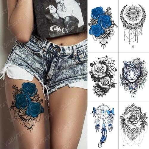 Waterproof Temporary Tattoo Sticker Blue Rose Lace Mandala Henna Flash Tattoos Tiger Butterfly Body Art Arm Fake Tatoo Women Men