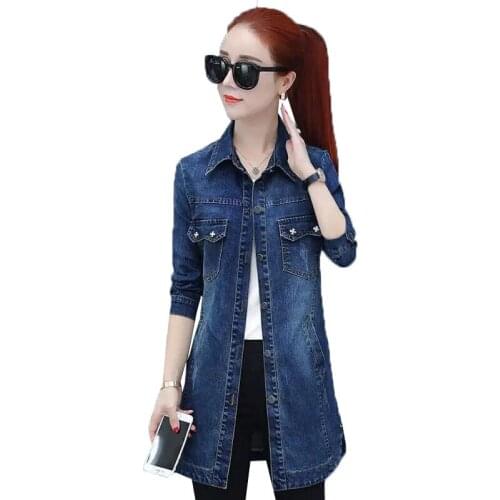 Plus Size Womens Denim Jacket 2021New Spring Autumn Jean Jackets Women Casual Tops Female Mid-length Long Sleeve Cowboy Coat